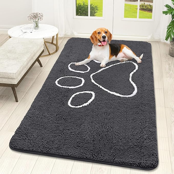 OLANLY Dog Door Mat for Muddy Paws 59x32, Paw Print Design Chenille Mud Mat | Dark Grey, Absorbent, Traps Moisture and Dirt, Non-Slip Washable Doormat, Quick-Drying Indoor Entryway Floor Carpet for Dogs