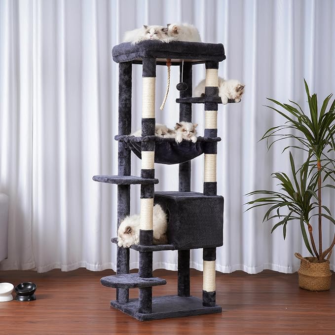 Heybly Cat Tree for Large Cats, 20lbs Heavy Duty, 60 inches HCT050G | Cat Tower for Indoor Cats with Big Padded Plush Perch, Multi-Level Furniture Condo with Cozy Basket, Smoky Gray