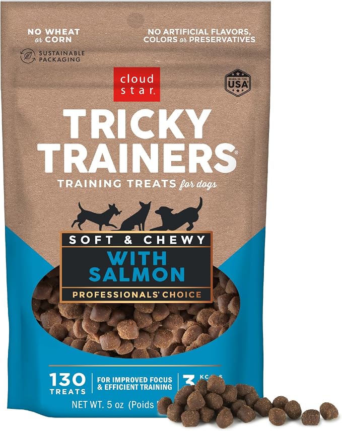 Cloud Star Tricky Trainers Chewy Dog Treats Salmon 5 oz | 5 oz. Pouch, For All Life Stages, Soft & Chewy Texture, Low Calorie Training Reward, Real Salmon, No Artificial Flavors
