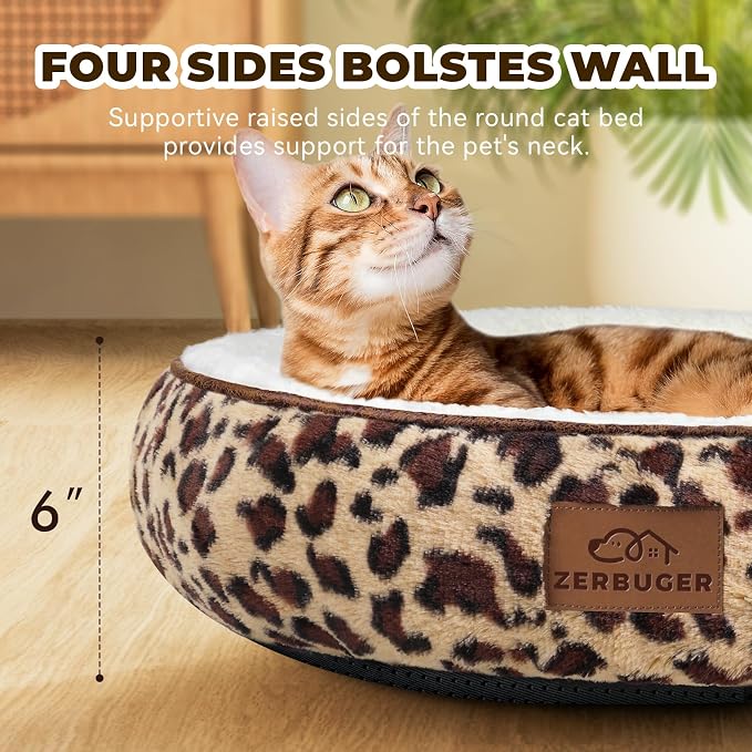 Zerbuger 20in Leopard Round Cat Dog Bed Gift for Large Medium Small Dogs Cats, Machine Washable Sleeping Sofa, Non-Slip Bottom Breathable Soft Calming Pet Cuddler for Indoor/Outdoor/Car/Cage