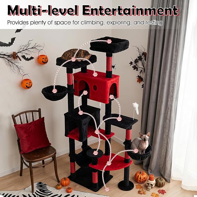 75-inch Gothic Cat Tree, Multi-Level Black Cat Tower | | Robust Scratching Posts | 2 Dual-Entry Comfy Cat Condo | Rotatable Side Baskets Bed | Spider-Shaped Hanging Toy | Hammock |