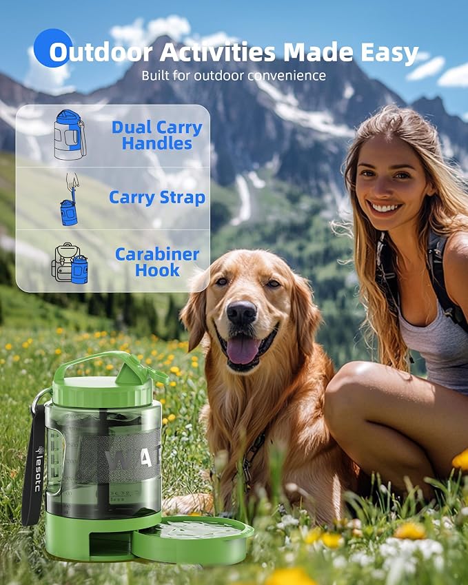 lesotc Portable Dog Water Bowl Dispenser - 77oz Travel Water Bottle with Pop-Out Drinking Bowl, No-Spill Design for Camping, Hiking & Car Rides - Keep Your Dog Hydrated Anywhere, Green
