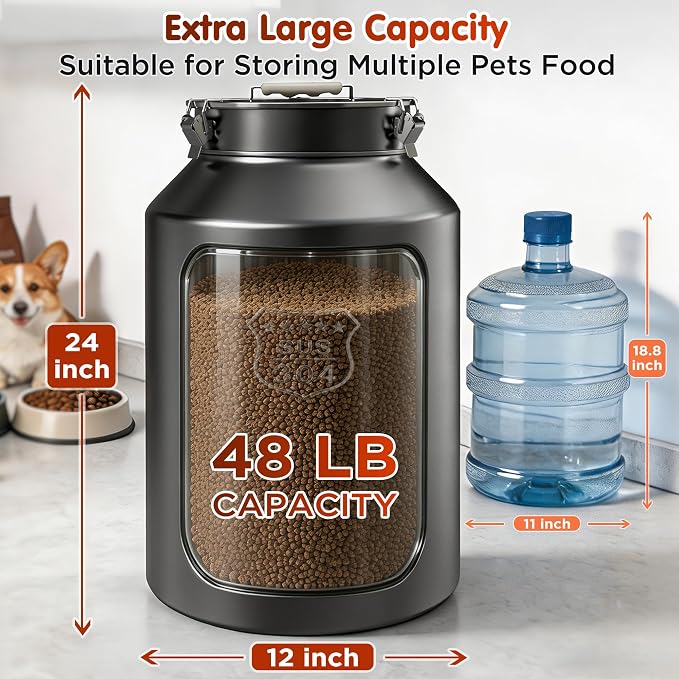 IPOW 48 lb Large 304 Stainless Steel Dog Food Bin with Airtight Lid, Pet Food Container for Dogs & Cats, Keep Fresh, Easy to Clean