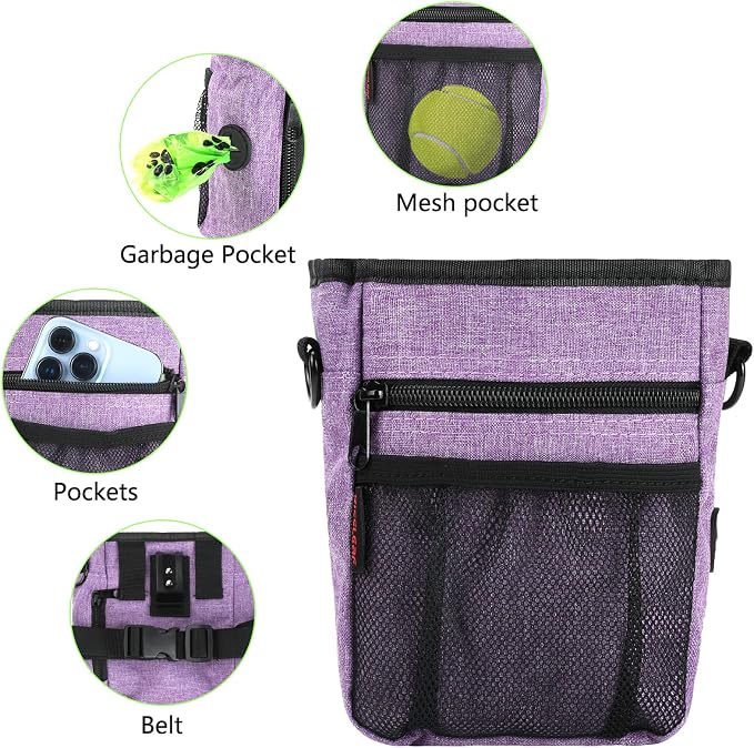 Dog Treat Pouch, Magnetic Closure, Dog Clicker- Purple | Dog Training Treat Pouch, Large Size, Nylon Material, Magnetic Closure & Clicker, for Walking, Obedience & Outdoor Use