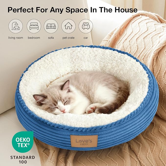 Love's cabin Round Donut Cat and Dog Cushion Bed, 20in Pet Bed for Cats or Small Dogs, Anti-Slip & Water-Resistant Bottom, Super Soft Durable Fabric Pet beds, Washable Luxury Bed Royal Blue