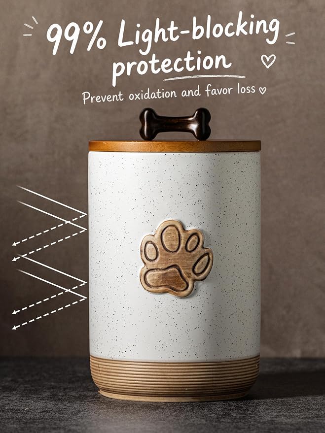 Miamolo Dog Treat Container with Lid, Ceramic Dog Treat Jar Airtight, 8 Cups Dog Food Storage Container for Countertop, Decorative Dog Cookie Jar with Hanlde, Premium Pet Gift, Paw Dotted White