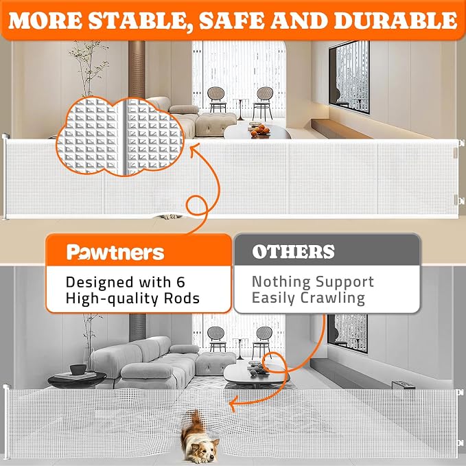 Pawtners Retractable Baby Gates Extra Wide, 41" Tall Extends up to 120" Wide, Dog Gate Indoor for Stairs, Pet Gate with Support Rods for Doorways Hallways Indoor & Outdoor-White