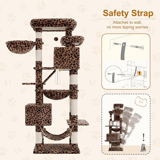 Heybly Cat Tree, 71-Inch-Tall Tower for Indoor Cats with 2 Perches HCT034BW | Large Cat Furniture with 2 Big Condos, 2 Hammocks, Basket, Scratching Pad, Multi-Level Cat Condo, Leopard Print