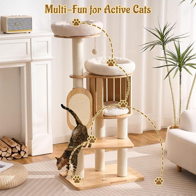 50" Modern Cat Tree for Indoor Cats Small to Medium, Solid Wood Cat Tower with Sisal Scratching Posts, Cat Scratcher Cardboard, Cozy Cat Beds & Hidden Cat Condo, Multi-Level Cat Furniture