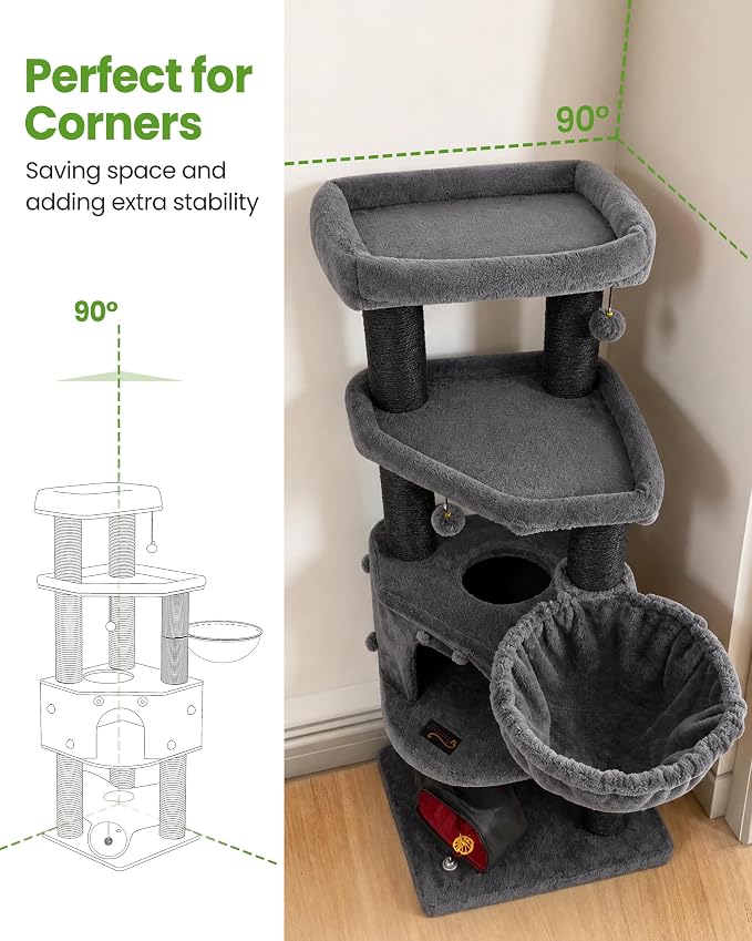 Cat Tree Tower for Large Cats Adult - 60 Inch XXL Sturdy Heavy Duty Extra Wide Scratching Posts (φ4.4in) Condo - Indoor Big Cat House Hammock Perch - XL Wood Multi Level Feline Pet Bed Trees Houses
