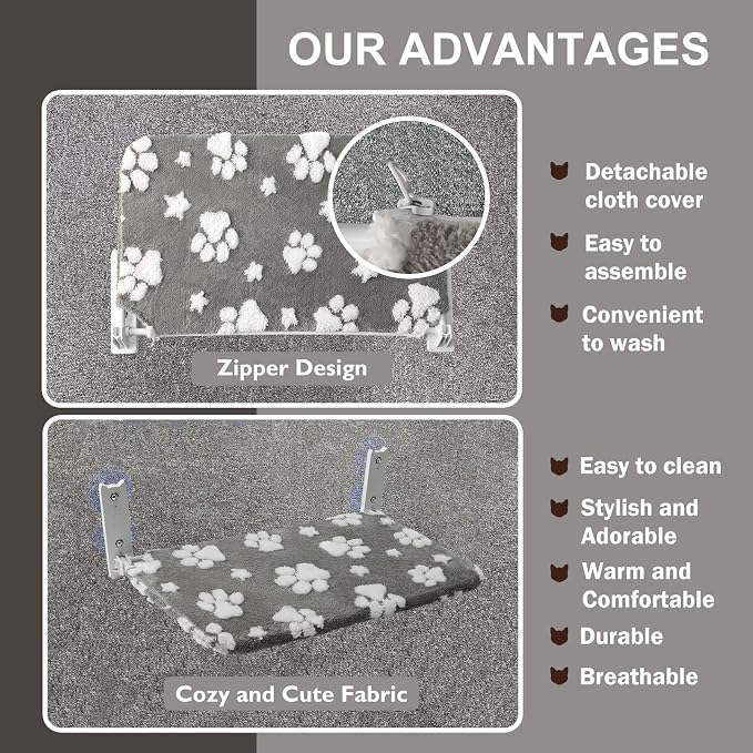 Cute Cat Window Perch, Foldable Cat Window Hammock, Grey | Cordless Window Seat Bed for Indoor Cats, 3D Textured Paw Cover, Strong Suction Cups