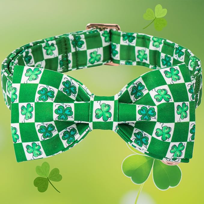 DOGWONG St.Patrick's Day Dog Collar Green Clovers Plaid Bowtie Dog Necklace Adjustable Dog Collar Bow Tie for Small Medium Large Dogs