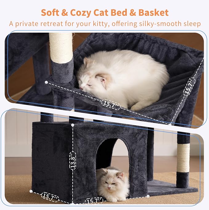 Heybly Heavy Duty Cat Tree with Large Base for Large Indoor Cats HCT026G | Cat Tower with Scratching Posts, Tall Cat Condo House , Multi-Level Plush Furniture with Hammock & Toy Balls, Smoky Gray