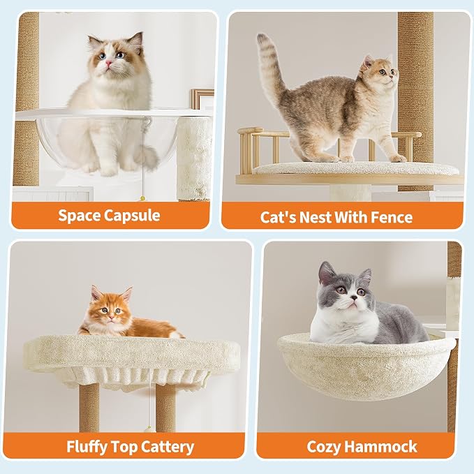 Cat Tree with Litter Box Enclosure, Multi-Level Cat Tower with Hidden Litter Box Furniture, Large Plush Top Perch, Sisal Scratching Posts, Cat Condo & Hammock for Indoor Cats, Living Room, Retro White