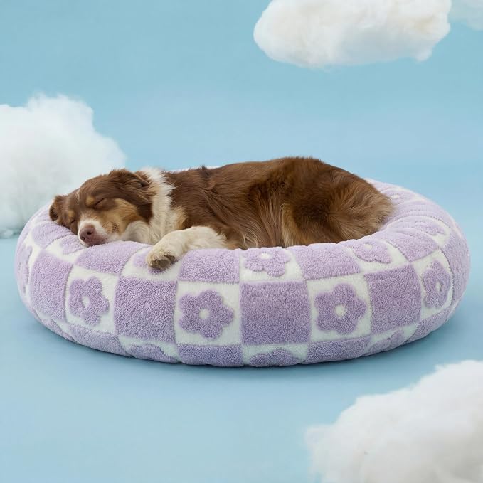 Lesure Shown on TV Donut Dog Beds Large - XL Calming Round Sofa as Present for Pets with Washable Cover, Orthopedic Home Decor Bed with Jacquard Shaggy Plush & Anti Slip Bottom, 36 Inch，Flower Checks