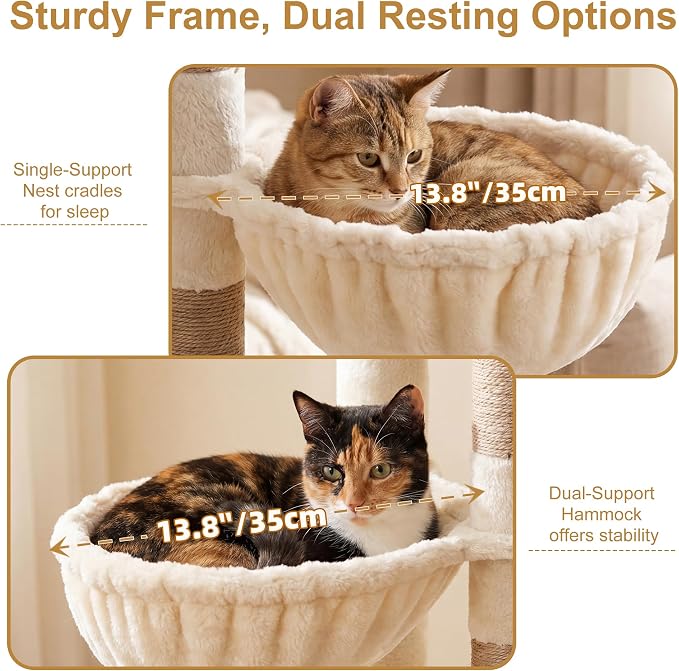 Heybly 68.1" Cat Tree with Oversized Top Platform & Wide Base HCT059MJ | Heavy Duty Cat Tower for Large Indoor Cats with 2 Condos, 2 Hammocks, 10 Sisal Scratching Posts, Stable Cat House, Beige