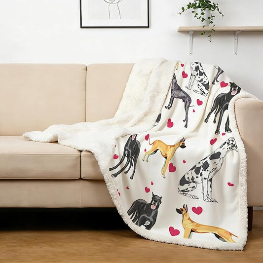 BlessLiving Great Dane Dog Blanket Red Heart Puppy Print Sherpa Fleece Throw Blanket Funny Dog Portrait Plush Blankets (King, 108x 90 Inches)