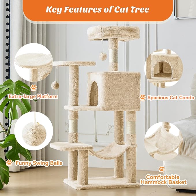 DUMOS 44 Inch Cat Tree Tower with Natural Sisal Scratching Posts | Small Cat Tree with Hammock, Pet Condo for Indoor Cats and Kittens Play, Beige