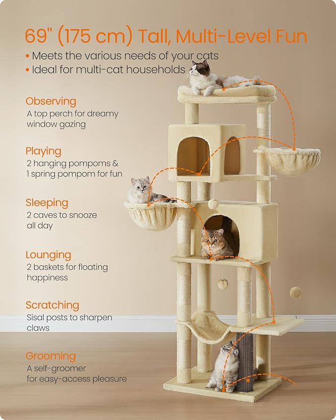 Feandrea Cat Tree, 69-Inch Tall Cat Tower, Multi-Level Plush Condo with 2 Caves, 2 Baskets, 5 Scratching Posts, Self-Groomer, Perch, Hammock, Sand Beige UPCT182Y01