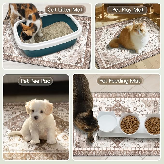 Cat Litter Mat Litter Trapping Mat, 35"x23" Waterproof Urine Proof Litter Box Mat Catcher Mat Non-Slip Washable for Kitty Kitten, Brown
