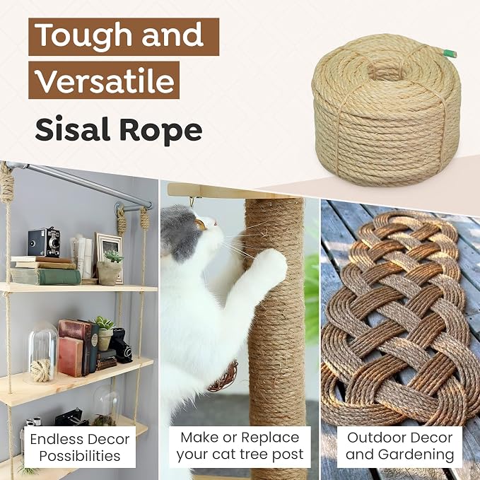 Premium Brazilian Sisal Rope, Natural Fiber 100% Sisal, Ultra Durable, Chemical-Free, Ideal for DIY, Cats, Scratching Post Replacement, Home Decor, Garden, Crafting (1/6” 600 ft / 4mm 180m)