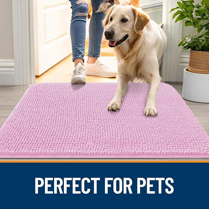 OLANLY Dog Door Mat for Muddy Paws 47x20, Super Absorbent Chenille Mud Mat | Pink, Absorbs Moisture and Dirt, Non-Slip Machine Washable Doormat, Quick-Drying Indoor Entryway Floor Carpet for Dogs