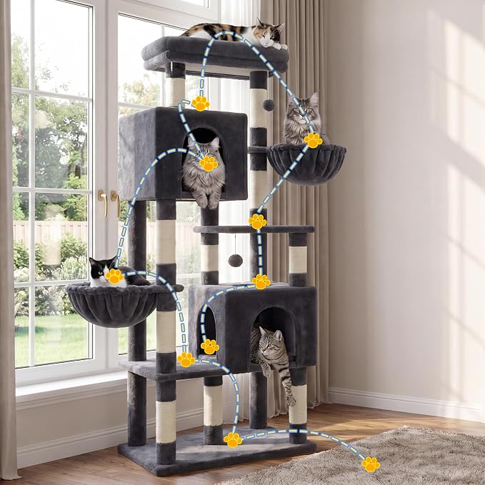 Heybly 68.1" Cat Tree with Oversized Top Platform & Wide Base HCT059G | Heavy Duty Cat Tower for Large Indoor Cats with 2 Condos, 2 Hammocks, 10 Sisal Scratching Posts, Stable Cat House, Smoky Gray