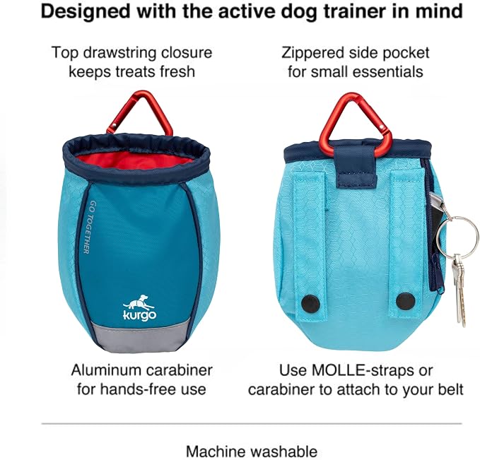 Kurgo Go Stuff It Dog Treat Bag, Coastal Blue | MOLLE-Compatible Training Pouch with Drawstring Closure, Zippered Storage Pocket, Reflective for Nighttime Visibility