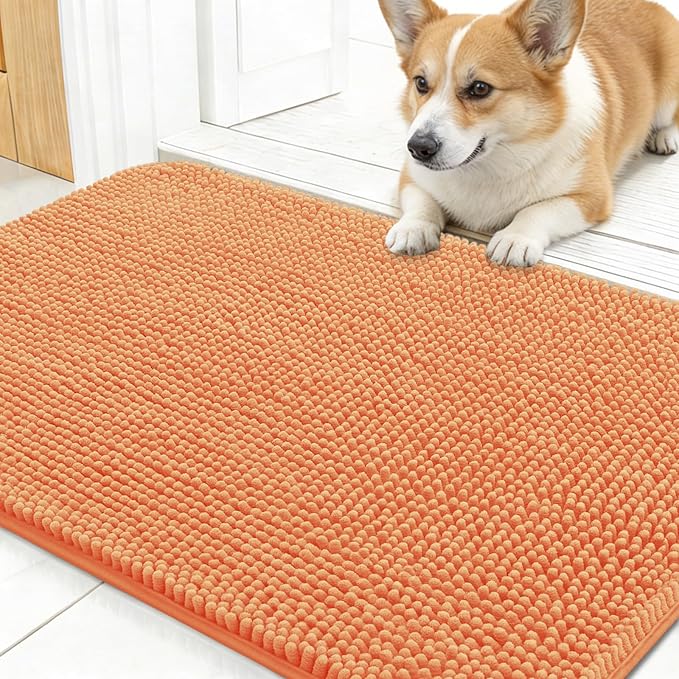 OLANLY Dog Door Mat for Muddy Paws 24x16, Super Absorbent Chenille Mud Mat | Orange, Absorbs Moisture and Dirt, Non-Slip Machine Washable Doormat, Quick-Drying Indoor Entryway Floor Carpet for Dogs