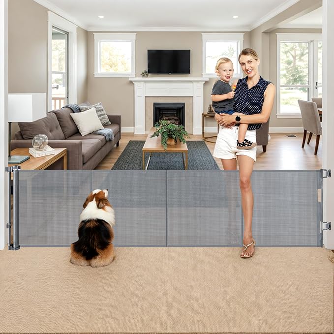 Reinforced 28" Tall Step Over Dog Gate x 100" Extra Wide Retractable Baby Gate with Support Rods, Mesh Baby Gate Retractable Pet Gate Indoor Retractable Gate Outdoor Puppy Gate Long Dog Gate, Gray