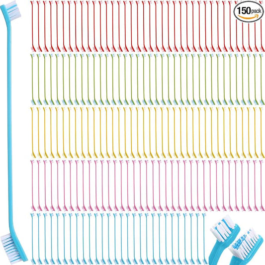 Nuenen 150 Pcs Dog Toothbrush Dual Headed Dental Brushes Puppy Tooth Brushing Kit Long Handle Toothbrush for Large and Small Dogs Cats Most Pets Teeth Cleaning Oral Care Supplies (Bright Color)