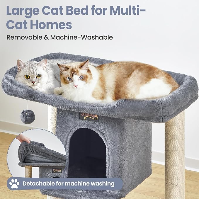 Cat Tree Tower Scratching Post for Indoor Large Adult Cats with Perch Bed | 28in Tall Small Cat Trees House with Big Perch, Condo, Toy Balls, Modern Kitten Climbing Furniture Platform, Dark Gray