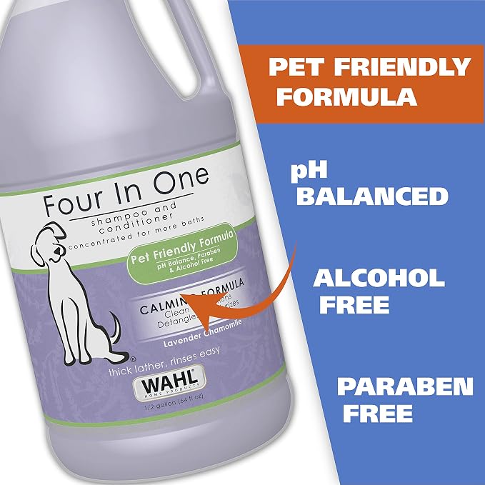 Wahl USA 4-in-1 Calming Pet Shampoo for Dogs, Lavender Chamomile, 64 oz | Half Gallon Shampoo For Multi-Dog Families To Clean, Condition, Detangle, And Moisturize Fur During Bath - Model 821000-050