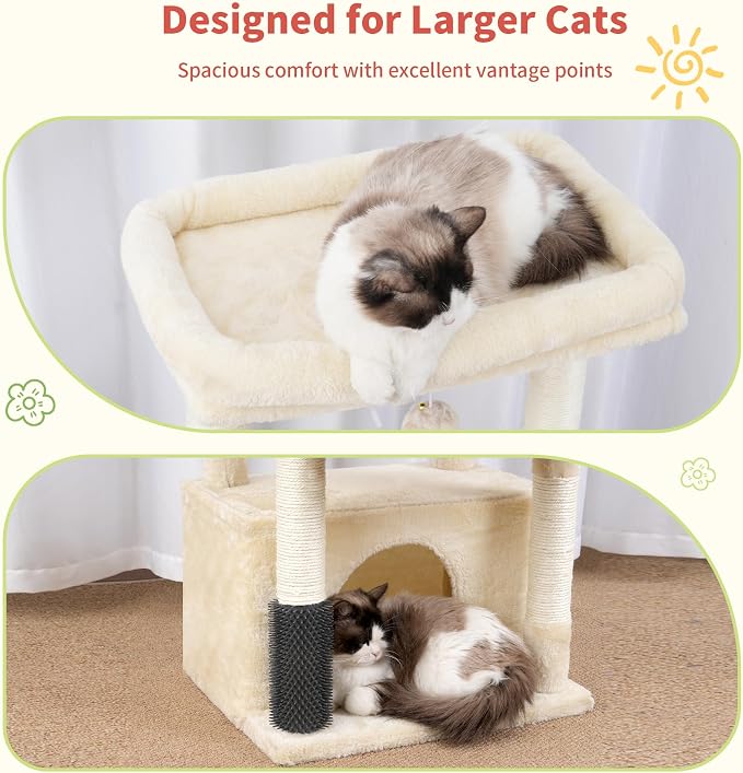 Hey-brother Cat Tree Tower with Extra Large Platform, Big Condo, MPJ070M | 51.1 Inches Scratching Posts with 2 Cozy Hammocks, Self-Grooming Brush for Indoor Adult Cats, Maine Coon, Beige