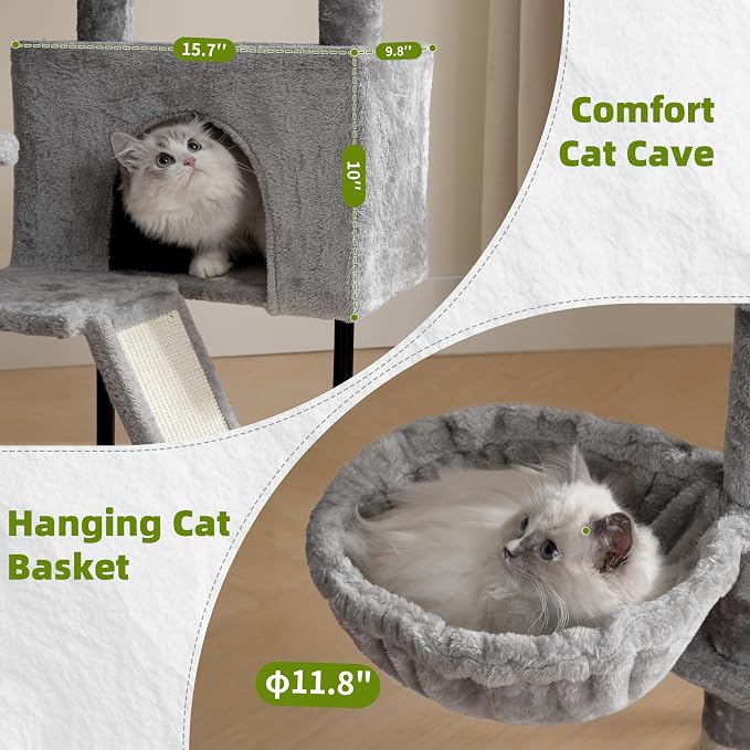 Cat Tree Tower for Indoor Cats, Top Platform with Toy, GCT006SW | 49.2 inch Cat Condo House, Sturdy Base, Scratching Post & Board, 3 Balls, Hanging Basket, Small Cats and Kittens, Light Gray