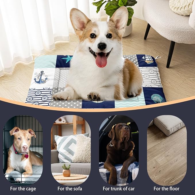 HOSIMA 42L*32W Inch Nautical Print Pet Mat for Under Dog Crate,Plaid Patchwork Ocean Themed Fuzzy Washable Pet Crate Pad,Plush Soft Cozy Pad Suitable for Large Dogs Sleeping.