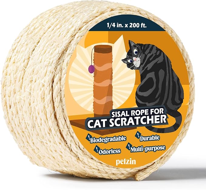 Pelzin Natural Sisal Rope for Cat Scratcher 1/4 Inch by 200 Feet, Cat Tree Rope Twine for Cat Scratching Post Replacement, Cat Tower with Scratch Post Repairing, Replace, Recovering and DIY, White