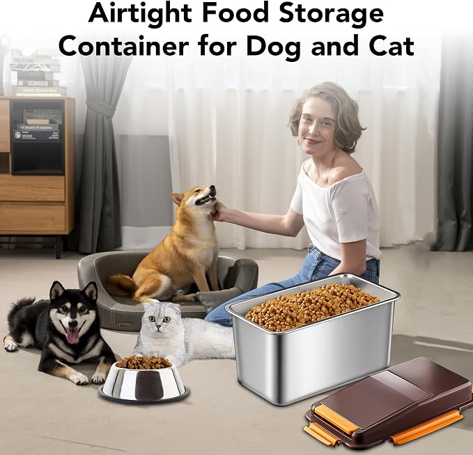 Newget 11 lb Stainless Steel Dog Food Storage Container with Scoop, Brown | Keep Food Fresh, Sturdy, Airtight, Rust-Proof, Insect-Proof, Moisture-Proof, Easy to Use, Suitable for Store All Pet Food