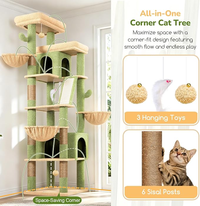 Globlazer 80in Extra Large Cactus Corner Cat Tree Tower S80G, Green | Tall Cat Condo For Multiple Indoor Cats Large Adult Kittens, Scratching Posts & Board, Widened Perches, Adjustable Baskets