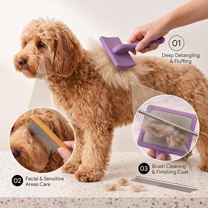 Wooden Long Pin Slicker Brush for Large Dog, Poodles & Doodles Long Hair | Grooming, Fluff & Detangle Heavy Dense Wavy Curly Coats to Easily Prevent Severe Hair Matting During Shedding Seasons