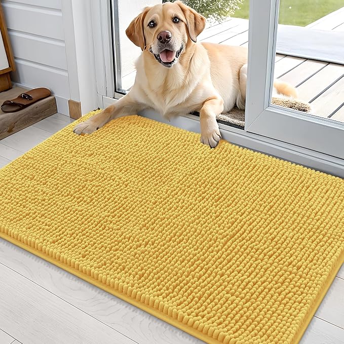 OLANLY Dog Door Mat for Muddy Paws 36x24, Super Absorbent Chenille Mud Mat | Yellow, Absorbs Moisture and Dirt, Non-Slip Machine Washable Doormat, Quick-Drying Indoor Entryway Floor Carpet for Dogs
