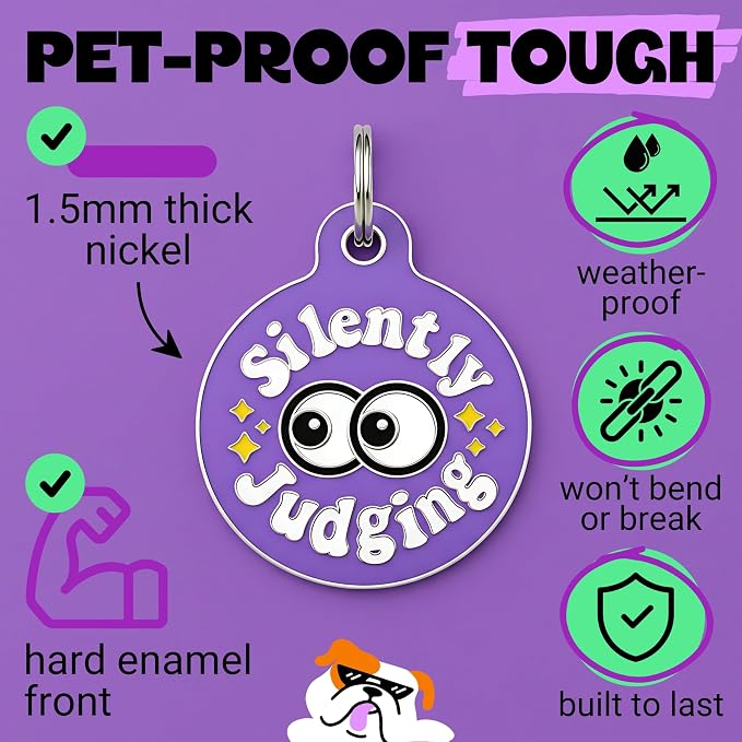 Bad Tags Personalized Dog and Cat ID Tags in 25+ Designs and 2 Sizes - 5 Lines of Custom Engraved Text - Funny Cute Personalized Pet Tags (Silently Judging - Purple, Large (1.25 inch))