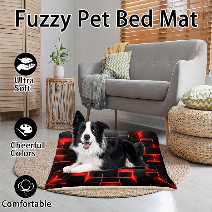 HOSIMA Geometry Print Pet Bed Mat,Fuzzy Crate Pads for Dog Cages,Washable Soft Cozy Sleeping Mat,Plush Red Black Pad Suitable for Medium Dog Bed,38L*32W Inch.