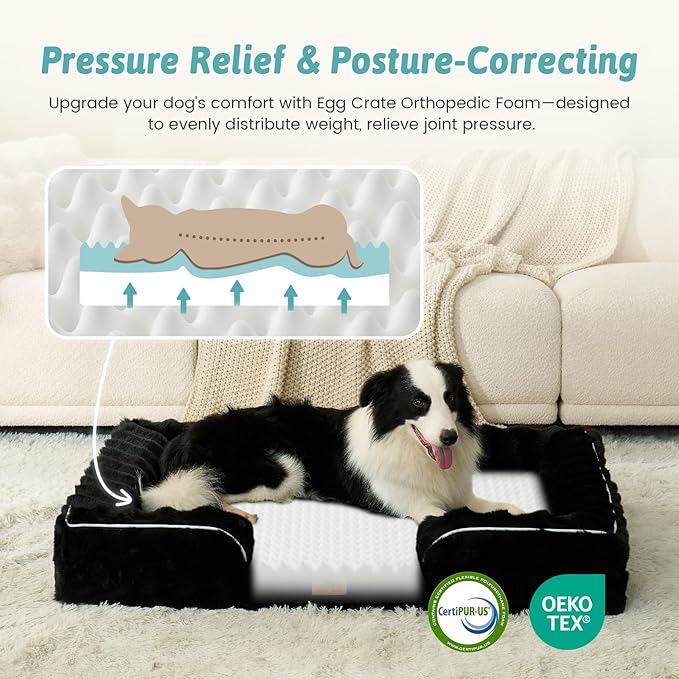 COZY KISS Orthopedic Dog Bed for Extra Large Dog 44x32 inch, XL Faux Fur Pet Sofa, Bolster Foam Bed with Sides, Non-Slip and Egg-Crate Big Dog Couch Bed with Washable Removable Cover, Black