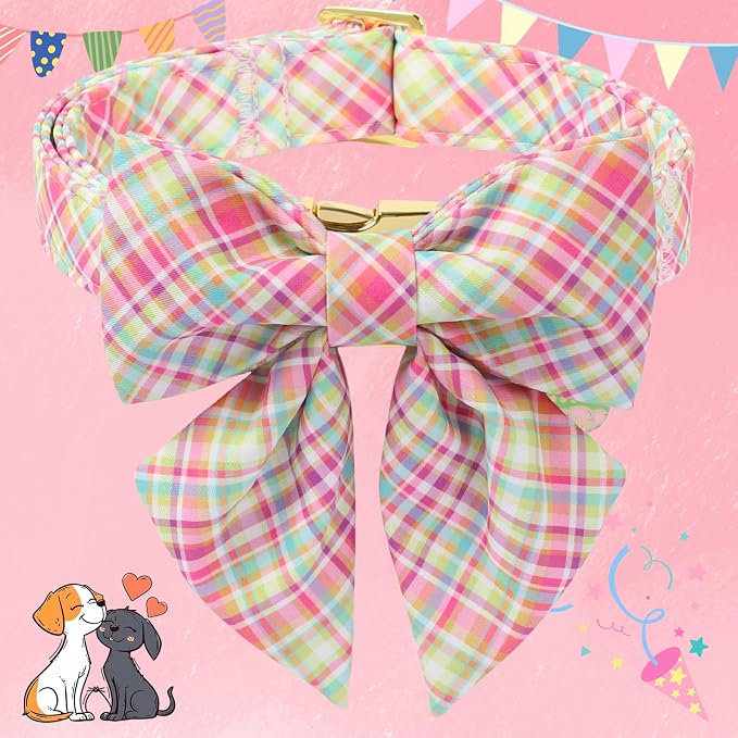 DOGWONG Easer Dog Collar with Sailor Bow,Colorful Plaid Dog Collar, Adjustable Durable Soft Easter Dog Collars for Male Female Dogs,L