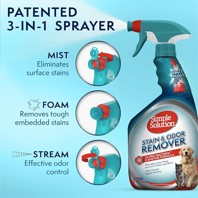 Simple Solution Pet Stain & Odor Remover, Enzyme Stain Cleaner, 32oz | Dog Stain & Odor Remover, Pet Urine Enzyme Cleaner, Dog Urine Carpet Cleaner, Pet Odor Eliminator, Carpet Stain Remover