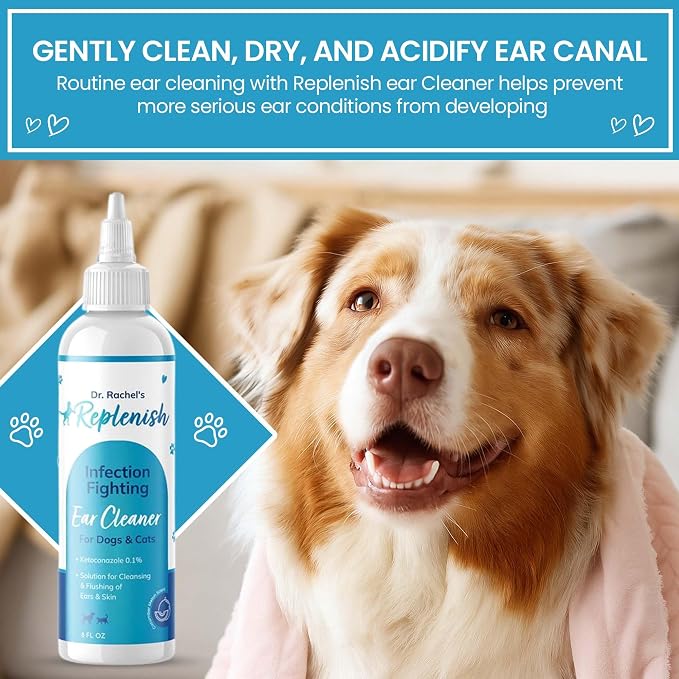 Replenish Otic Ear Cleaning Solution for Dogs, Antiseptic Ear Flush, 8 oz | Dr. Rachel's Antiseptic Ear Cleaner for Dogs & Cats – Advanced Ear Flush for Yeast Treatment and Odor Control – 8 oz