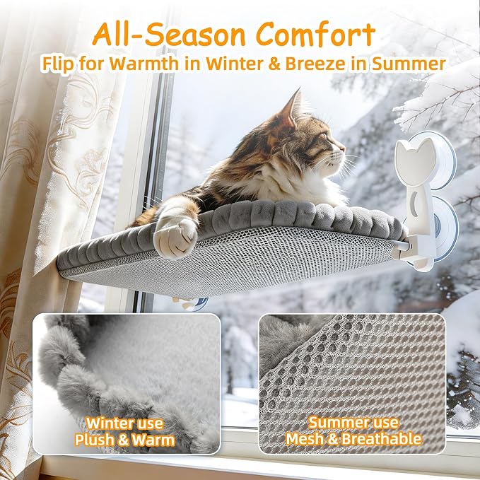 Cat Window Perch - Gray Cordless Foldable Cat Window Hammock for Large Cats, Sturdy Metal Frame Hanging Cat Bed, 40 lbs Capacity