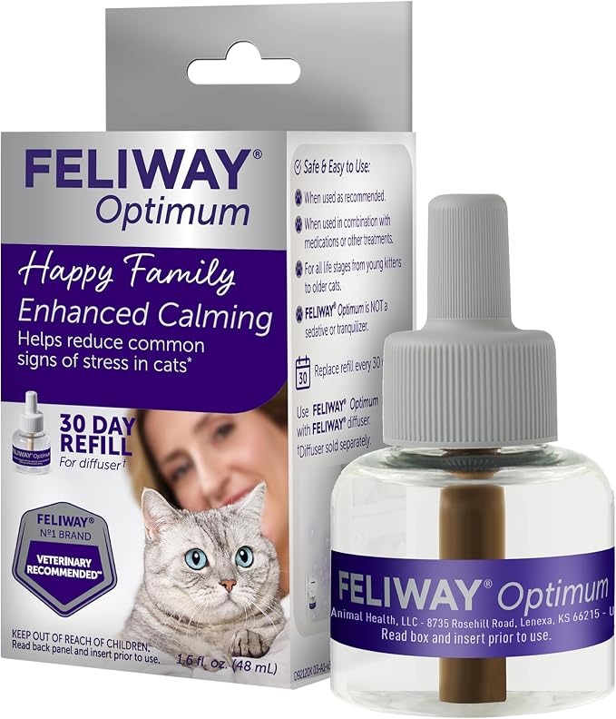 FELIWAY Optimum Cat Calming Pheromone Diffuser Refill - 1 Pack | Advanced Support to Help Reduce Urine Spraying, Scratching, Fighting & Hiding Due to Stress. 30-Day Diffuser Supply