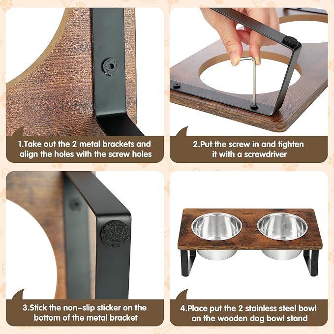Elevated Dog Bowls for Small Medium Wood Dogs Raised Bowl Stand with 2 Stainless Steel Deep Dog Food and Water Bowls, Anti Vomit, Non-Slip Feeding Dishes(Tilted，3 inches in Height, 40oz